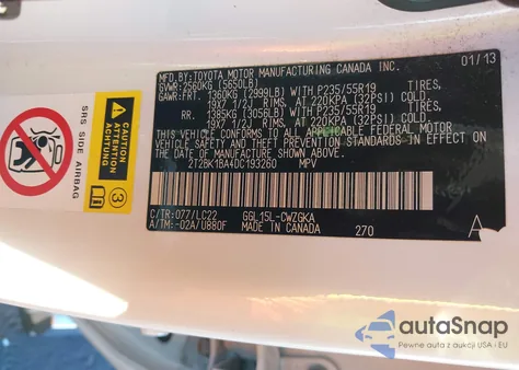 2013 Lexus Rx 350 F Sport z USA, uszkodzony, nr VIN 2T2BK1BA4DC193260